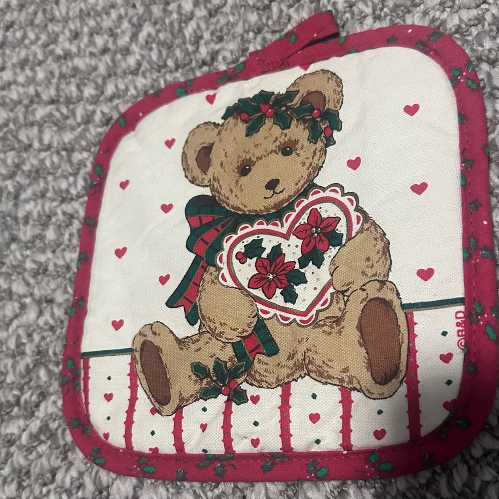 Teddy Bear Holiday Pot Holder - Red and Cream